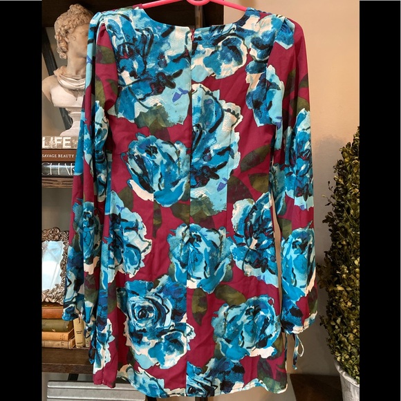 Leith V-Neck Long Sleeve Floral Dress Wine Blue XS - Picture 6 of 7